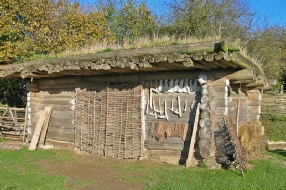 Exterior view of Neolithic log cabin